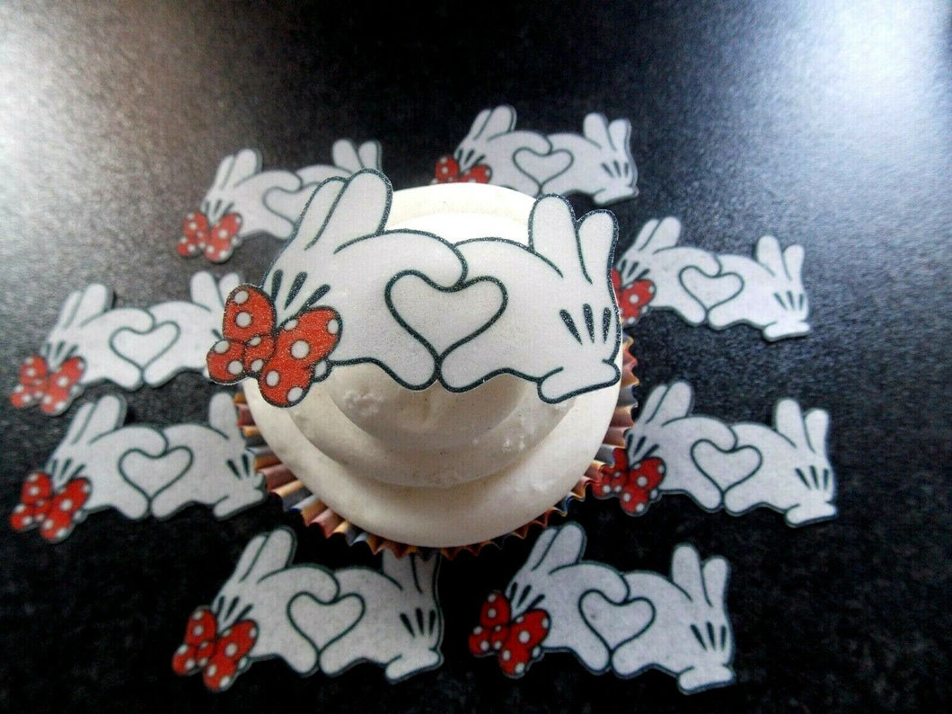 12 PRECUT Edible Minnie & Mickey Love Hands wafer/rice paper cake/cupcake topper