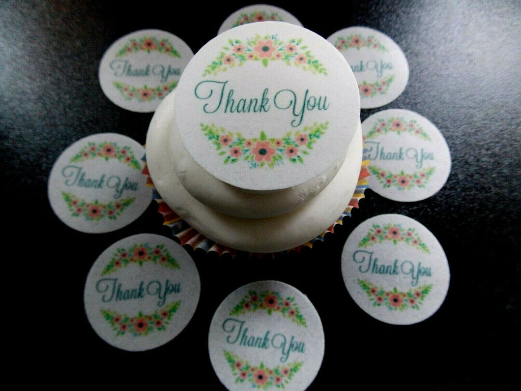 12 PRECUT Edible Floral Thank you Discs wafer paper cake/cupcake toppers (5)