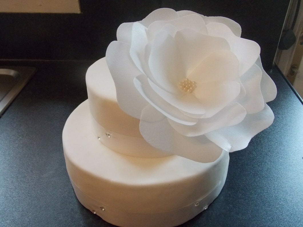 1 Extra Large edible wafer/rice paper white rose flower cake topper