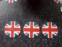Load image into Gallery viewer, 27 PRECUT Small Union Jack/VE Day discs Edible wafer/rice paper cupcake toppers
