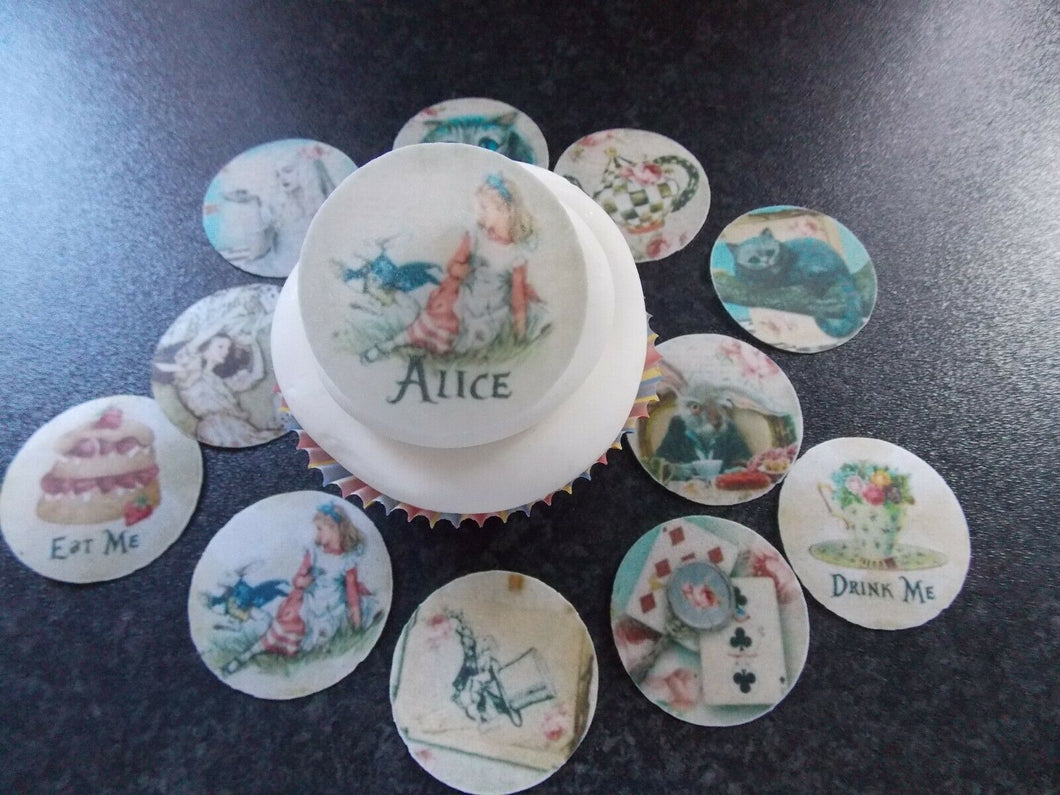 12 PRECUT Edible Vintage Alice in wonderland wafer paper cake/cupcake toppers