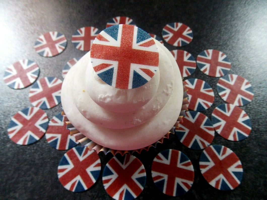 27 PRECUT Small Union Jack/VE Day discs Edible wafer/rice paper cupcake toppers