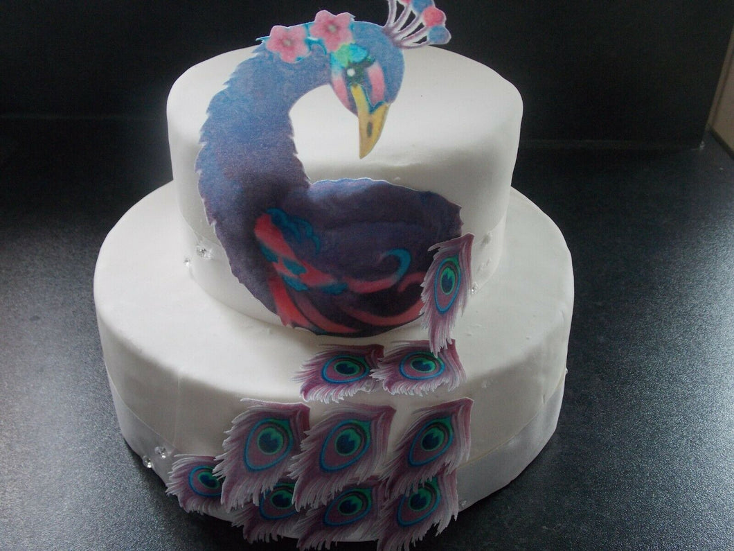 17 Piece Edible Purple Peacock body and feathers wafer/rice paper cake toppers
