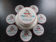 Load image into Gallery viewer, 12 PRECUT Edible Thank you Unicorn Discs wafer paper cake/cupcake toppers (4)
