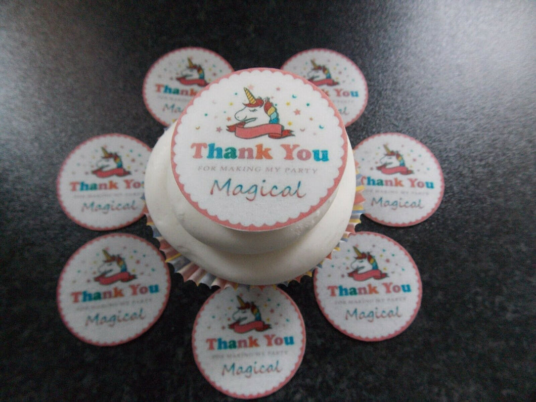 12 PRECUT Edible Thank you Unicorn Discs wafer paper cake/cupcake toppers (4)