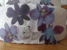 Load image into Gallery viewer, 12 PRECUT Edible Purple Orchid wafer/rice paper cake/cupcake toppers
