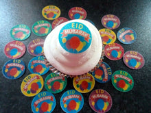 Load image into Gallery viewer, 24 small PRECUT Edible Eid Mubarak Disc 3 wafer paper cake/cupcake toppers
