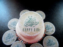 Load image into Gallery viewer, 12 PRECUT Edible Eid Mubarak Disc 1 wafer paper cake/cupcake toppers
