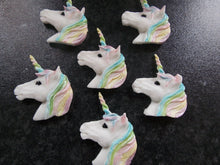 Load image into Gallery viewer, 6 Edible fondant Unicorn Head cake/cupcake toppers
