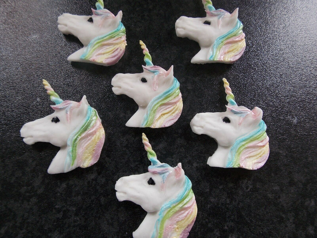 6 Edible fondant Unicorn Head cake/cupcake toppers