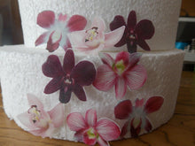 Load image into Gallery viewer, 12 PRECUT Edible Pink Orchid wafer/rice paper cake/cupcake toppers
