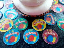 Load image into Gallery viewer, 24 small PRECUT Edible Eid Mubarak Disc 3 wafer paper cake/cupcake toppers

