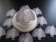 Load image into Gallery viewer, 12 PRECUT Edible Pink Peacock wafer/rice paper cake/cupcake toppers
